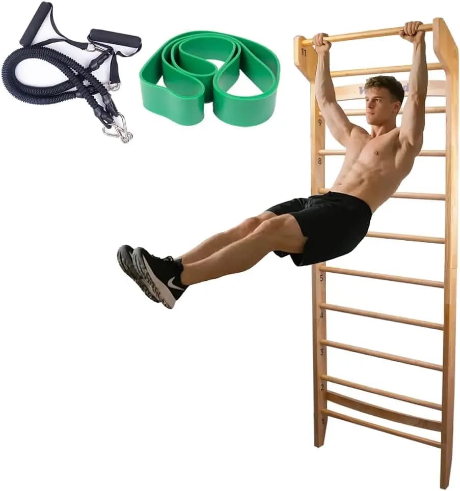 Scaletta svedese in legno con 11 aste strategiche, con supporti fino a 330 libbre, barra di stallo, include cinghie per esercizi + fascia di resistenza pull-up + PU