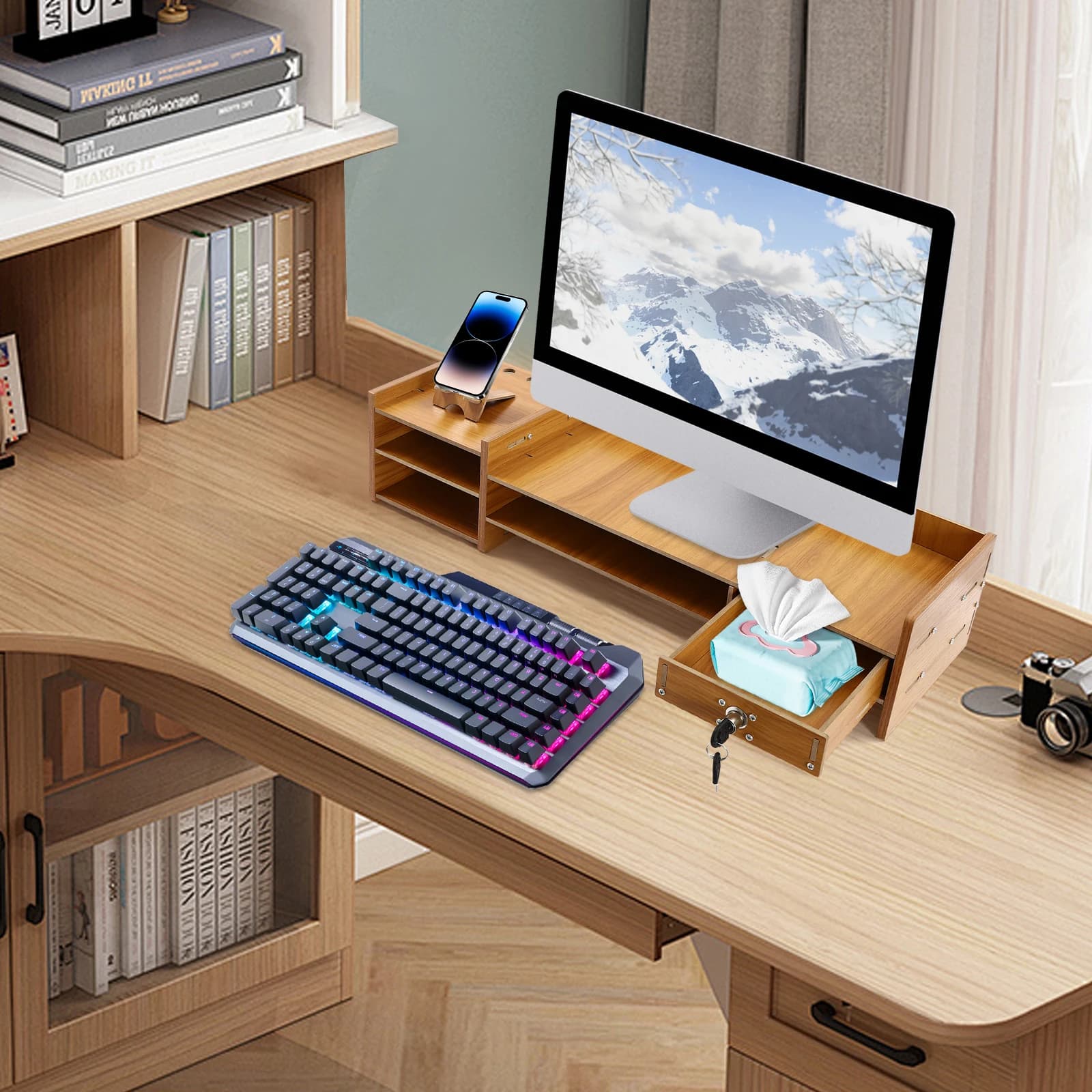 2-level wooden monitor stand, computer support, computer rack with drawers and telephone support