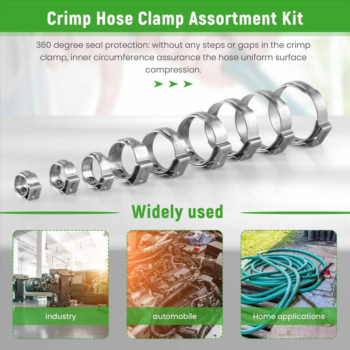A45I Stainless Steel Single Ear Hose Clamp, 80Pcs 6-23.6mm Crimp Hose Clamp Assortment Kit Ear Stepless Cinch Rings Crimp Pinch