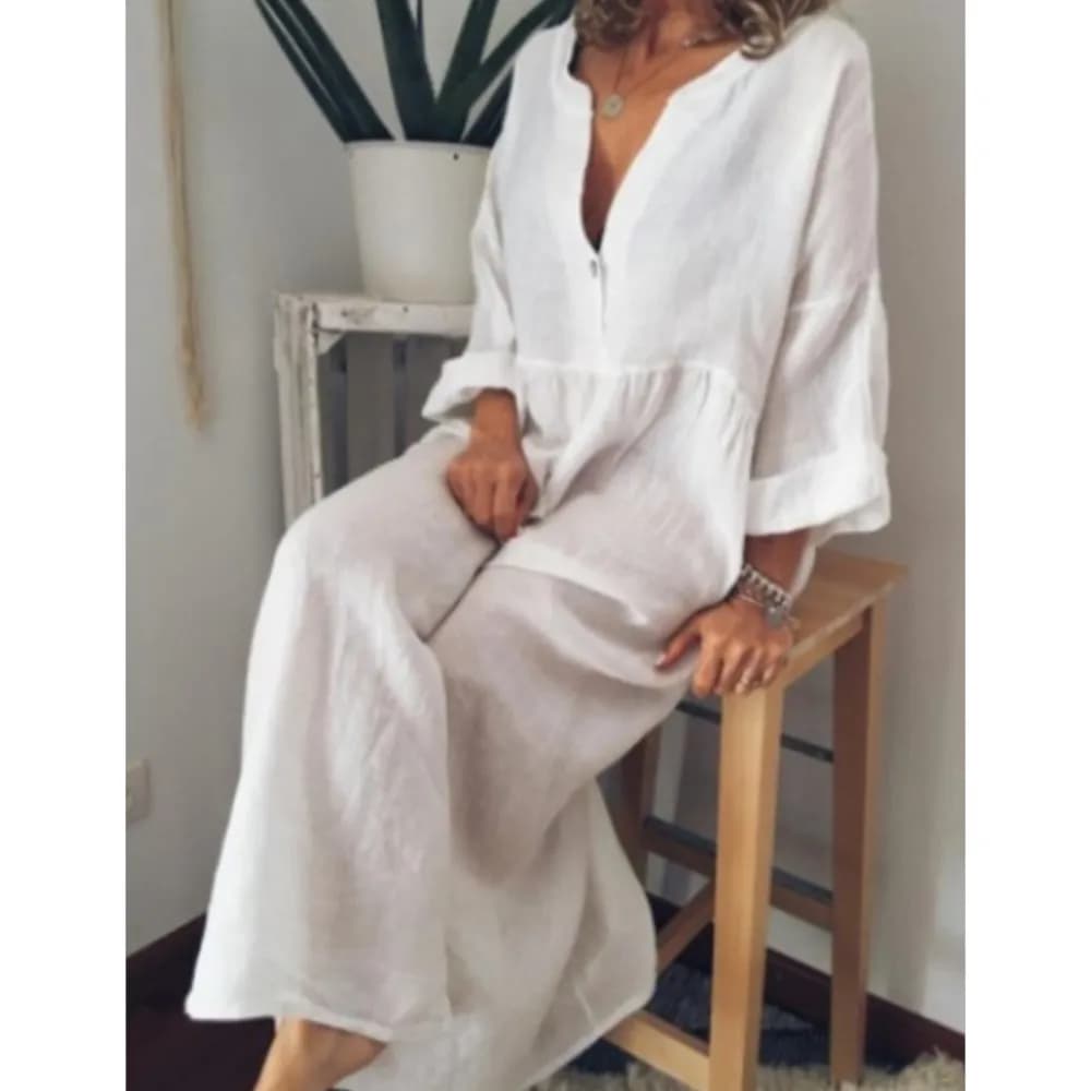 Abito lungo da donna in cotone e lino, stile coreano, primaverile, casual, tinta unita, a maniche lunghe, con bottoni.