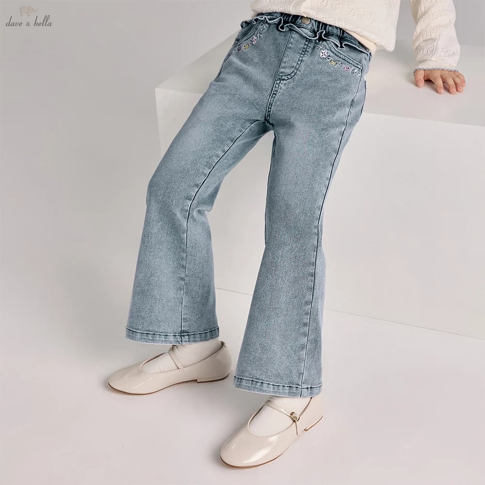 Pantaloni Dave Bella Primaverili per Bambina con Ricamo e Tasche, Jeans Casual a Vita Elastica, Gamba Svasata, Pantaloni Formali da Festa per Bambini DK1260988