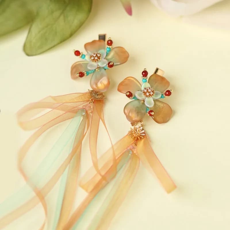Authentic Handcrafted Tang Dynasty Dunhuang Flying Apsara Orange Blue Gradient Flower Ribbon U Shaped Hair Clip for Hanfu Women