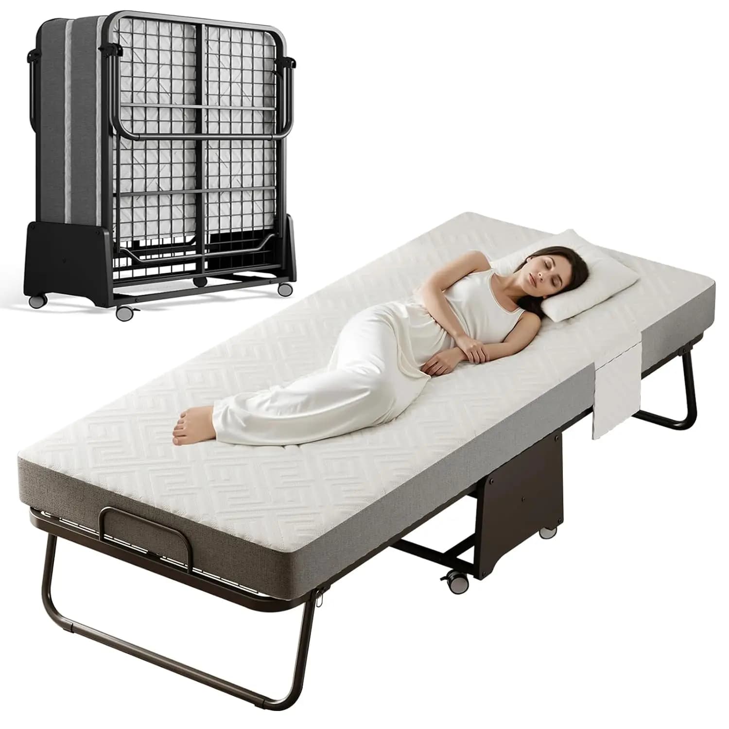 Deluxe Foldable Bed with 5 Inch Memory Foam Mat on Wheels for Easy Storage, with Metal Frame and Customizable