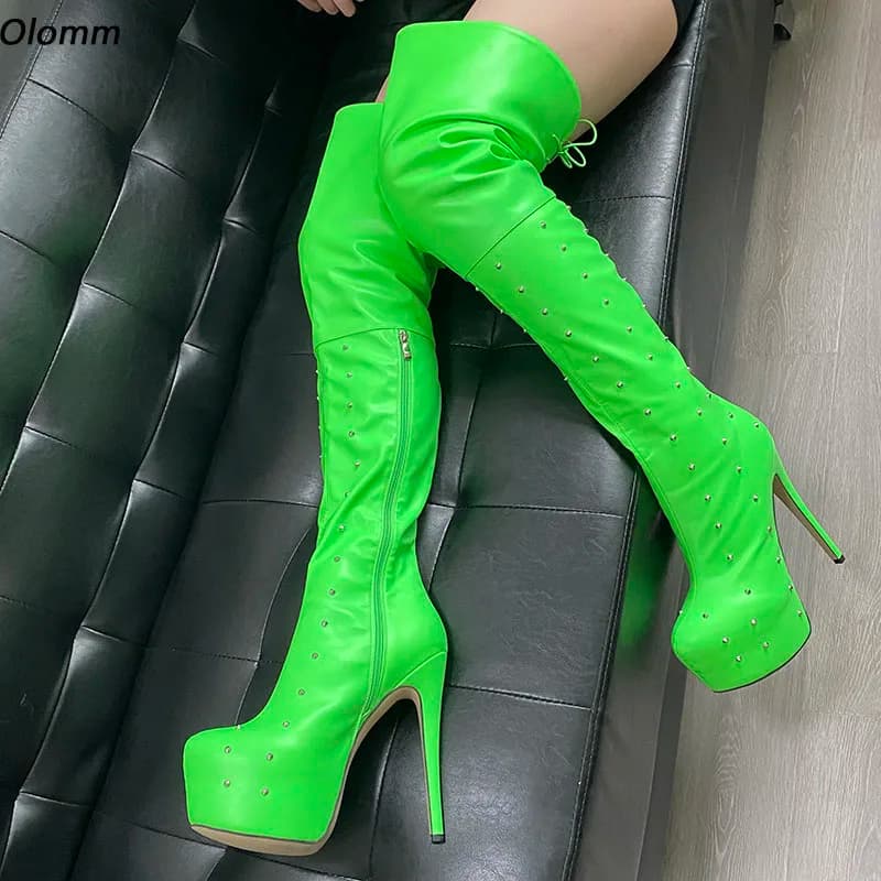 Olomm Italian Style Women Winter Thigh Boots Platform Sexy Stiletto Heel Round Toe Beautiful Green Night Club Shoes US Size 5-20