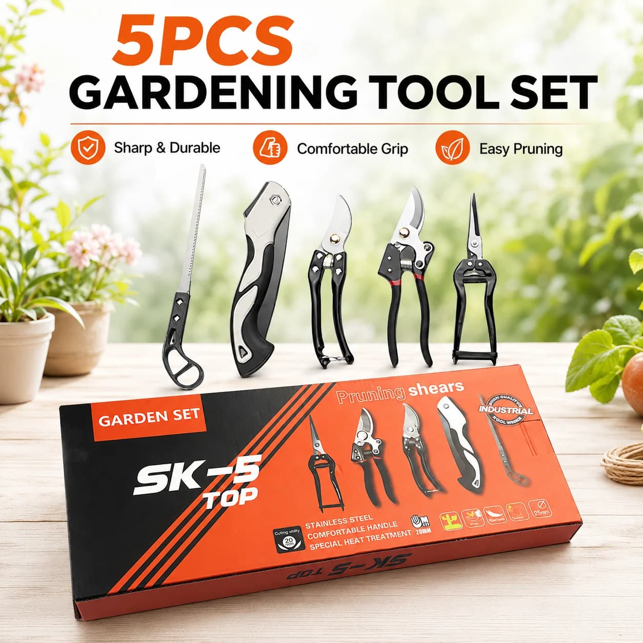 5PCS Garden Tool Kit Pruning Shears Folding Saw Cutting Tools Set Flower Planting Gardening Accessories with Tool Box