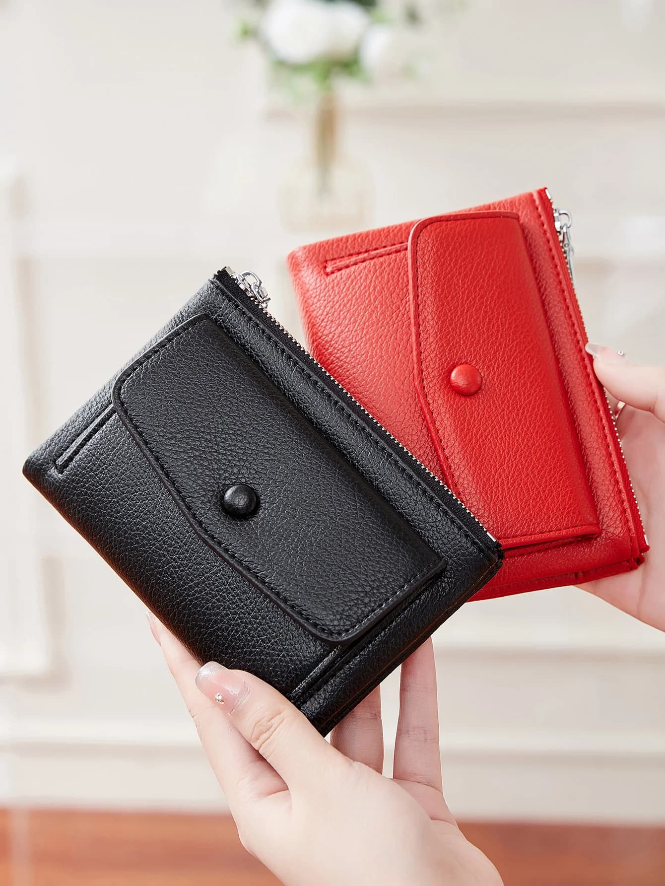 Wallet Women Simple Solid Short Double Zipper PU Leather Purse Large Capacity Credit Coin Card Storage