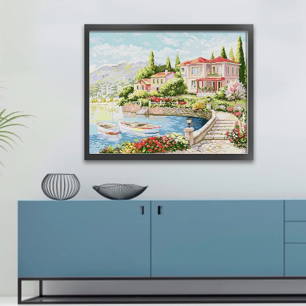 Punto Croce Ricamato Completo su Cotone 11CT con Stampa Lago di Como 66x55cm