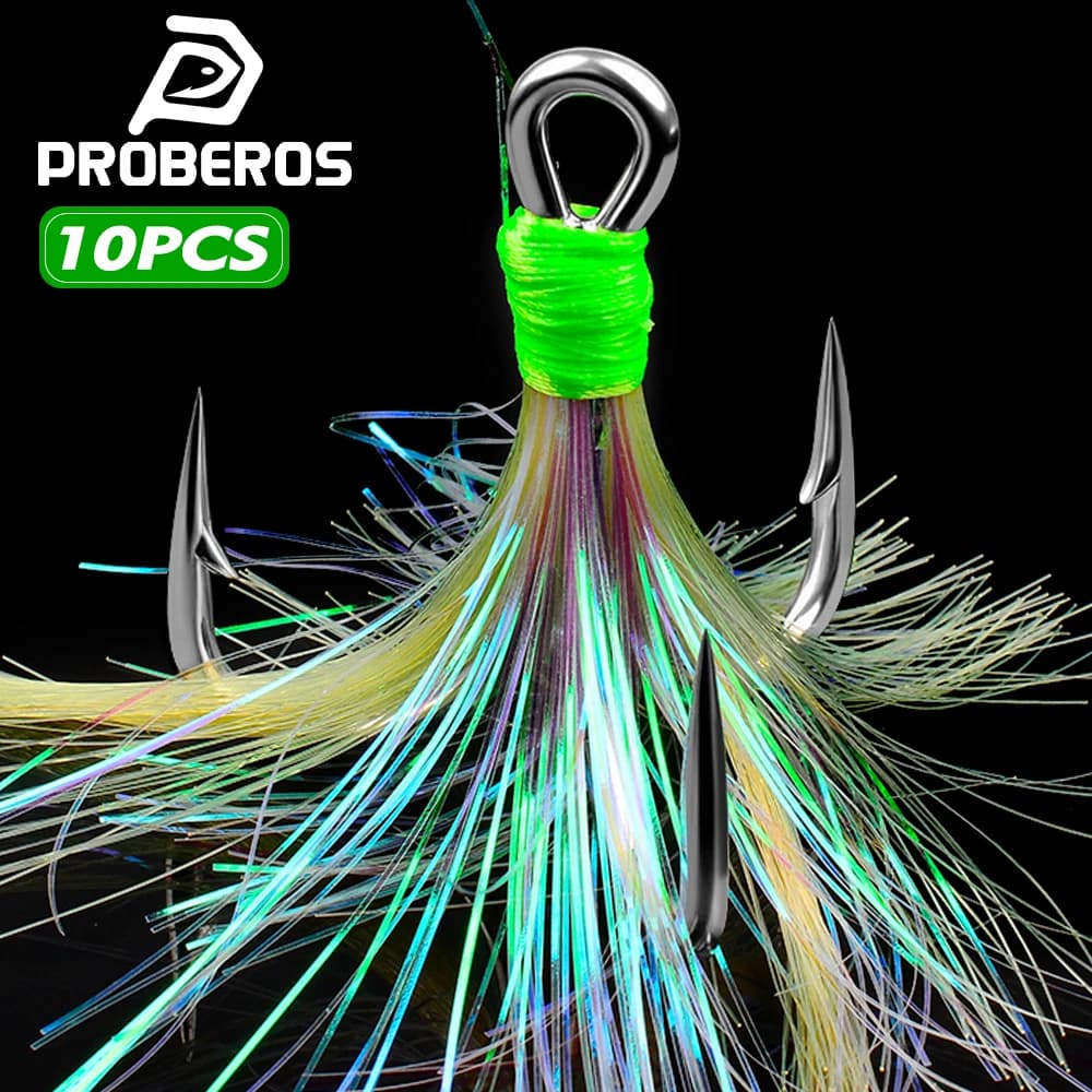 PROBEROS 10 pz/scatola Ami da pesca a tre punte con piuma, affilati, in acciaio ad alto tenore di carbonio, antiruggine, kit di esche, attrezzatura da pesca, amo da pesca
