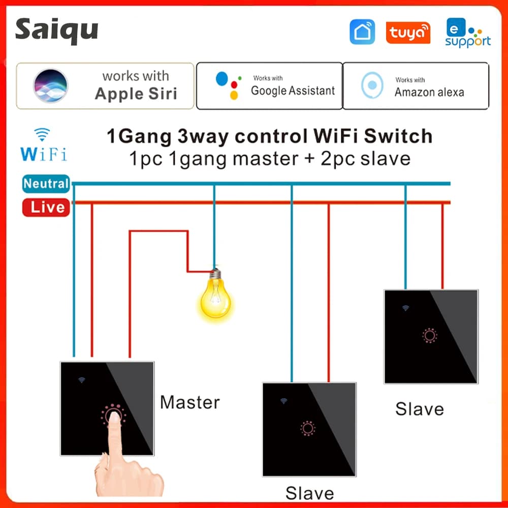 3PCS Tuya eWeLink APP EU WiFi Smart 3 Way Switch 1 2 3 Gang Glass Wall Touch Switch telecomando compatibile Alexa Google Home