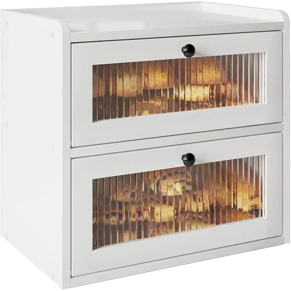 Double Layer Pane Container for Kitchen, Wood Box with Acrylic Window, White