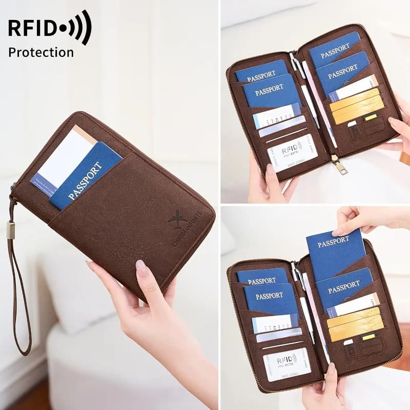 Vintage RFID Blocking Passport Holder Wallet, Airplane Travel Document with Hand Wrist Strap, Zipper Large Capacity Leather