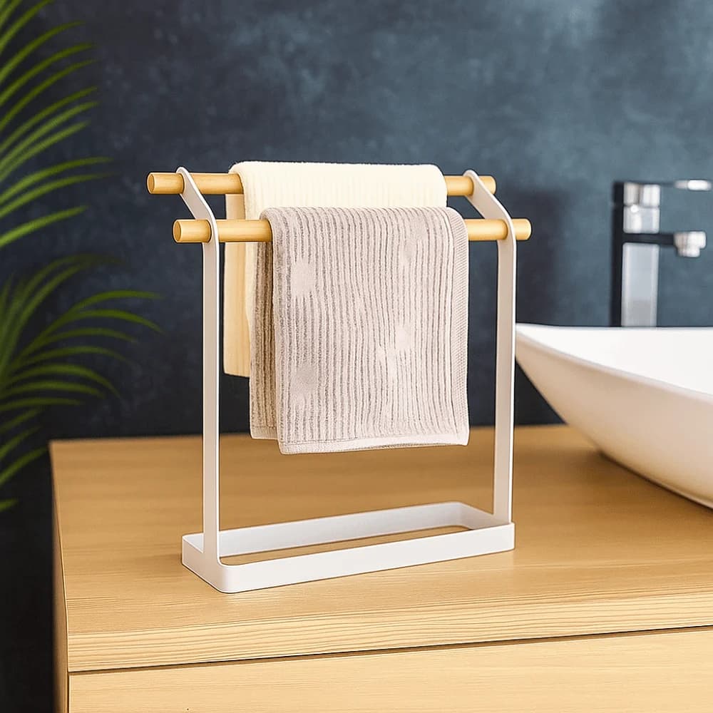 Multifunctional Metal Free Standing Towel Rack Double Bar Stable Towel Drying Rack Simple Vertical Towel Holder Hotel
