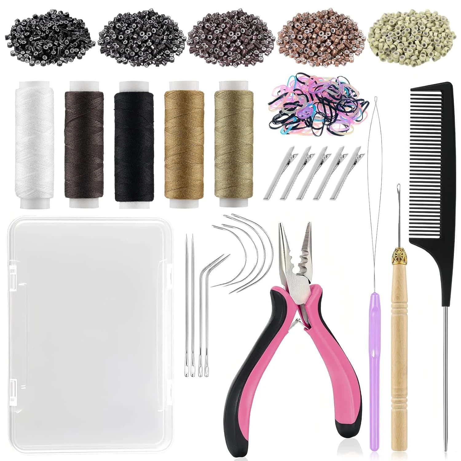 Hair Extension Tools Kit- Silicone Lined Micro Rings,Plier,Threader,Crochet Hook,Clips,Comb, Mini Rubber Bands with Storage Case