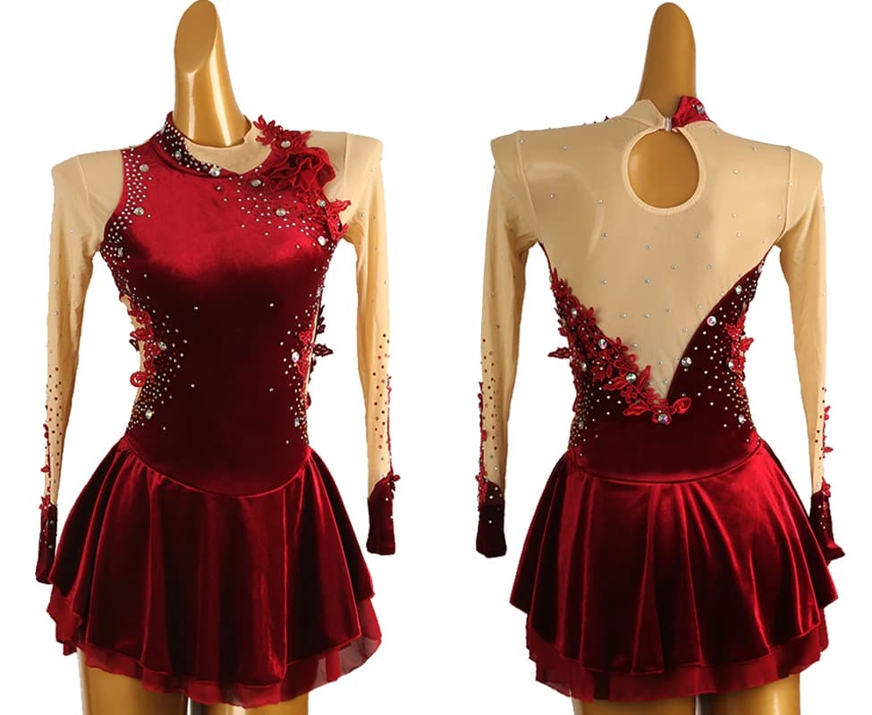 Abito da pattinaggio di figura rosso Abito da pattinaggio su ghiaccio per ragazza da donna Ginnastica con strass di cristallo b246