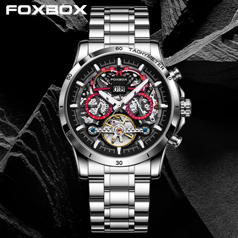 FOXBOX Men's Watch Automatic High Range, Fashion Mechanical Watches, Waterproof 50m, Luminous, Stainless Steel, Gift, Reloj