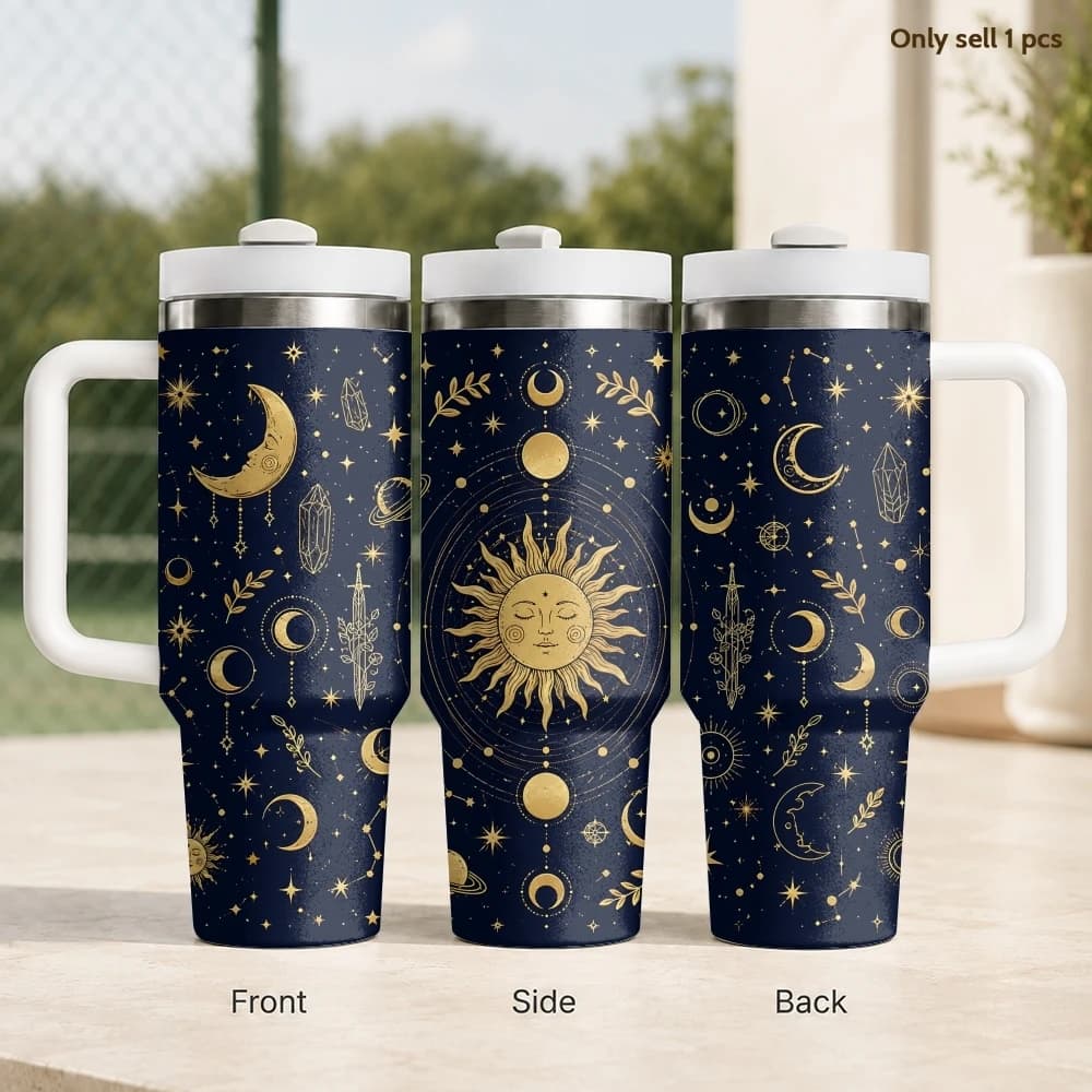 Tarot Cards Sun Star Moon Vacuum Flasks 40oz Stainless Steel Insulated Tumbler With Handle & Straw Leakproof Travel Mug