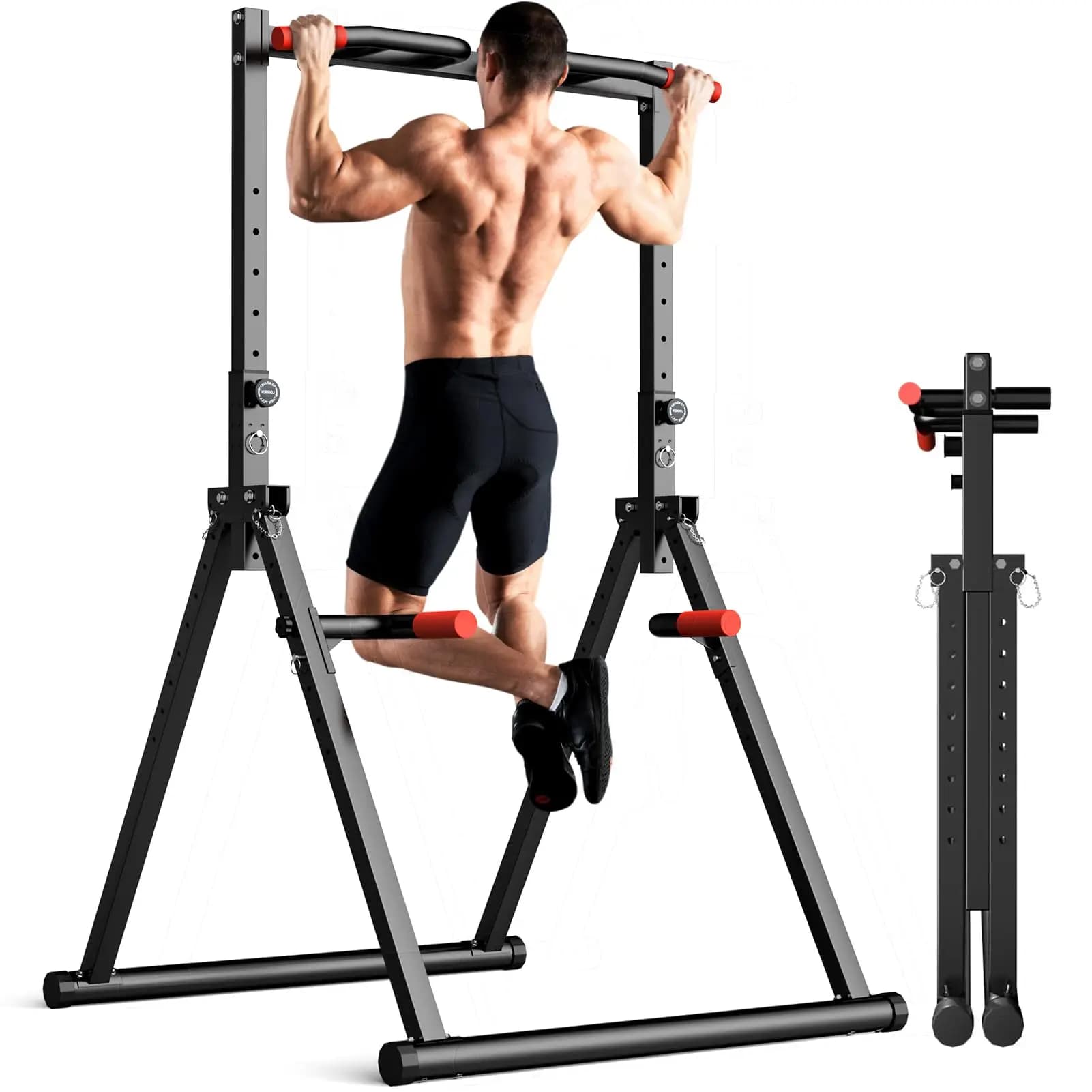 Foldable Power Tower Pull Up Bar Dip Station Adjustable Multifunction Workout Gym Strength Training Equipment for Home Outdoor