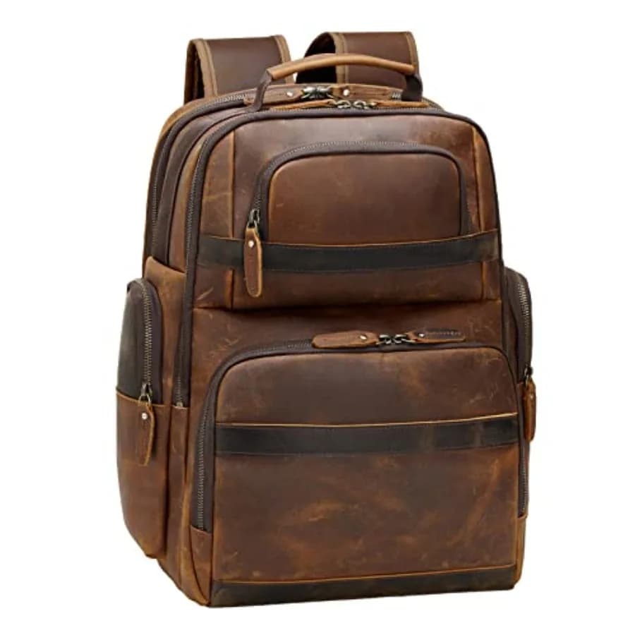 Men's Vintage Leather Backpack for Laptop 15.6 Inch, Big Bag for Business Travel and Hiking, High Quality Brown Day Backpack