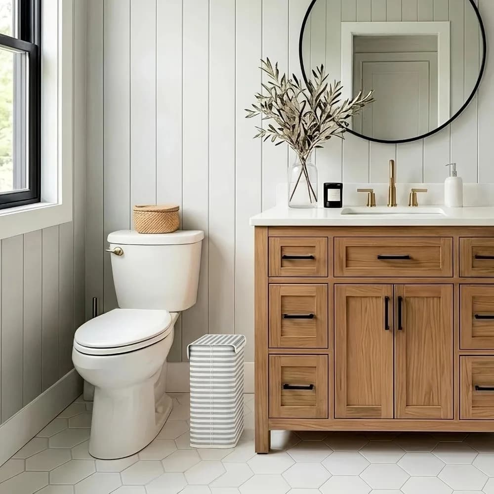 Minimalist Foldable Toilet Paper Holder Stripe Printed With Lid Storage Basket Space-Saving Laundry Basket Hotel