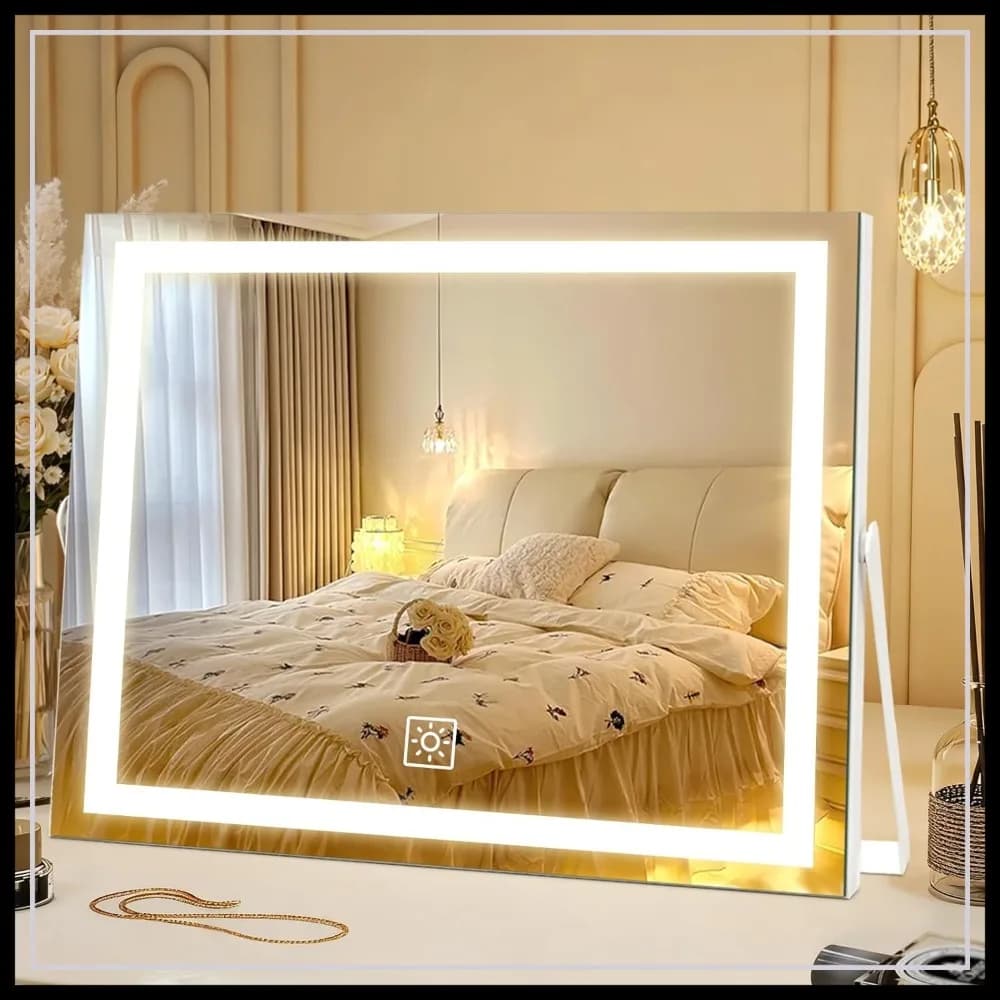 Specchio da toeletta a LED da 14 pollici con luci, grande cornice in metallo, 3 colori dimmerabili touch, 360° ° Rotazione per Bagno e Camera da Letto