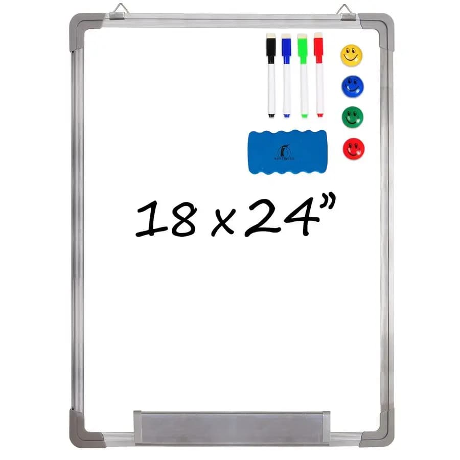 Set Lavagna Cancellabile a Secco 18 x 24 Pollici con 1 Cancellatore Magnetico, 4 Pennarelli Cancellabili e 4 Magneti, Piccolo Tabellone Bianco da Appendere per Messaggi e Punteggio