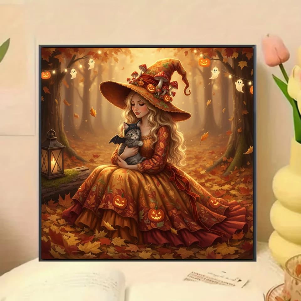 5D DIY Diamond Painting Halloween Witch Bat Kitten Autumn Maple Forest Full Diamond Embroidery Home Wall Art Decor Holiday Gift