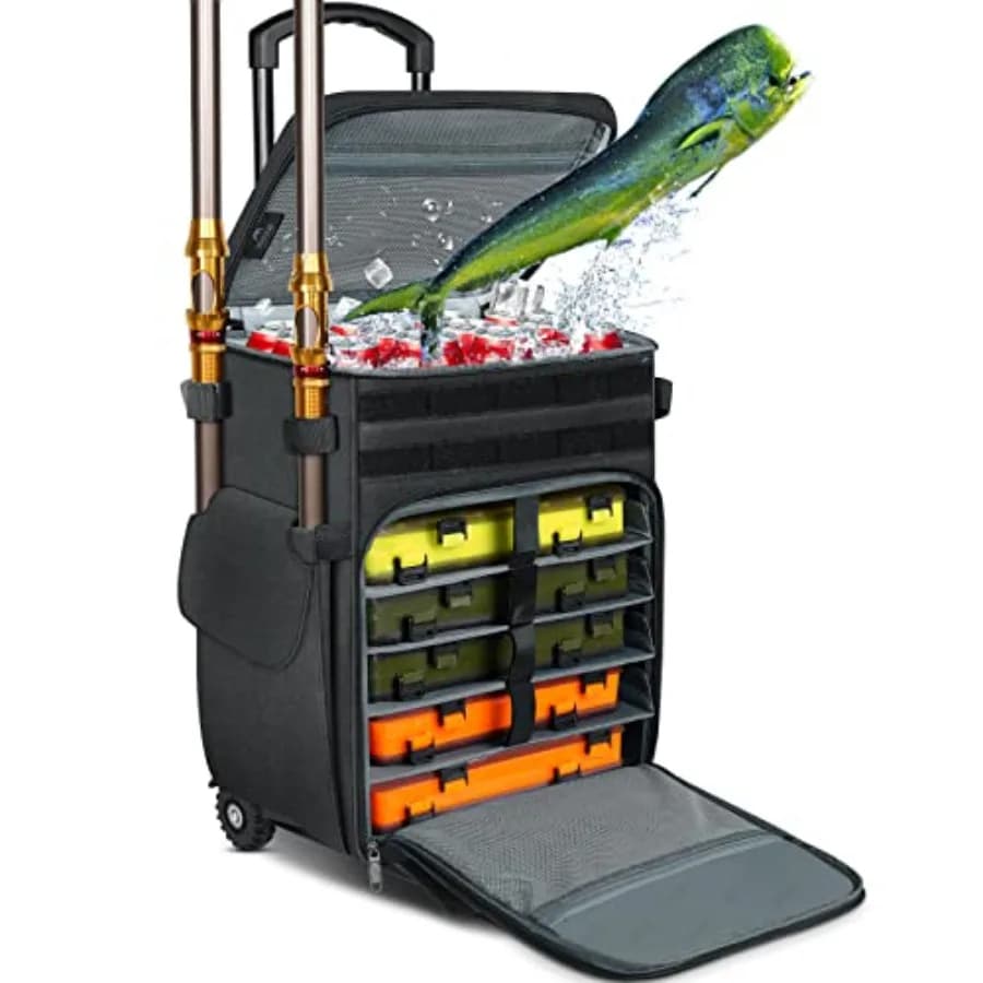 Fishing bag with wheels and compartment Refrigerant, Large Fishing bag with wheels for 5 trays, Backpack Water Resistant Salad with Canna Door