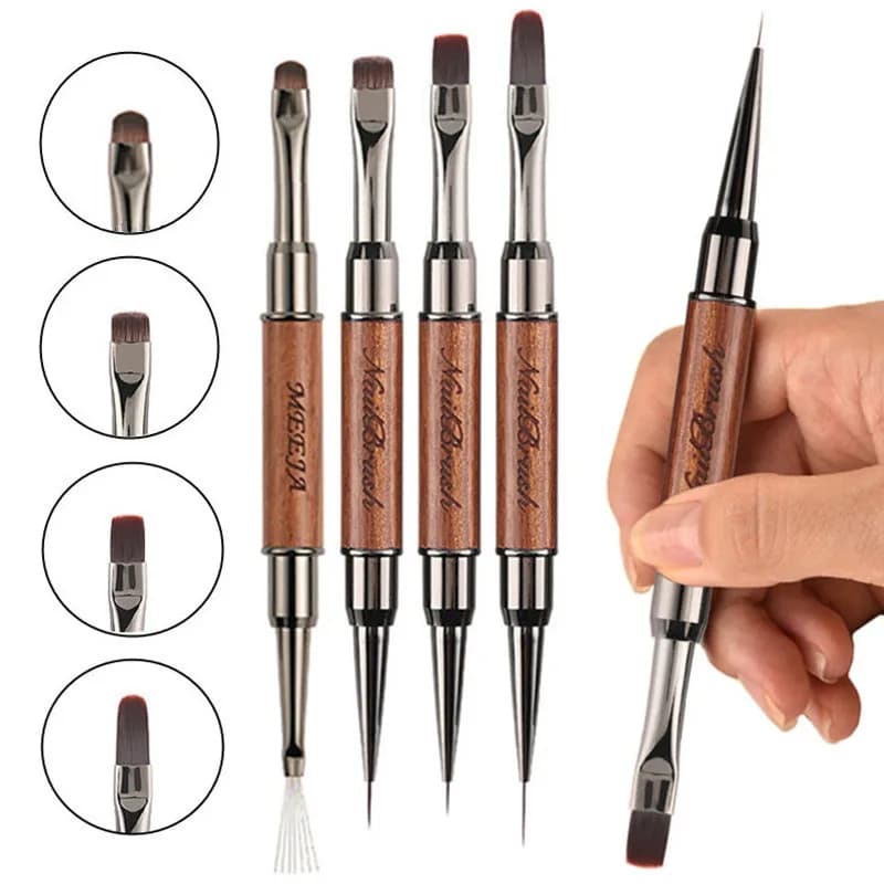Pennello per nail art in acciaio inossidabile con doppia punta rotonda e manico in legno, per gel e cristalli, 1/4 pezzi