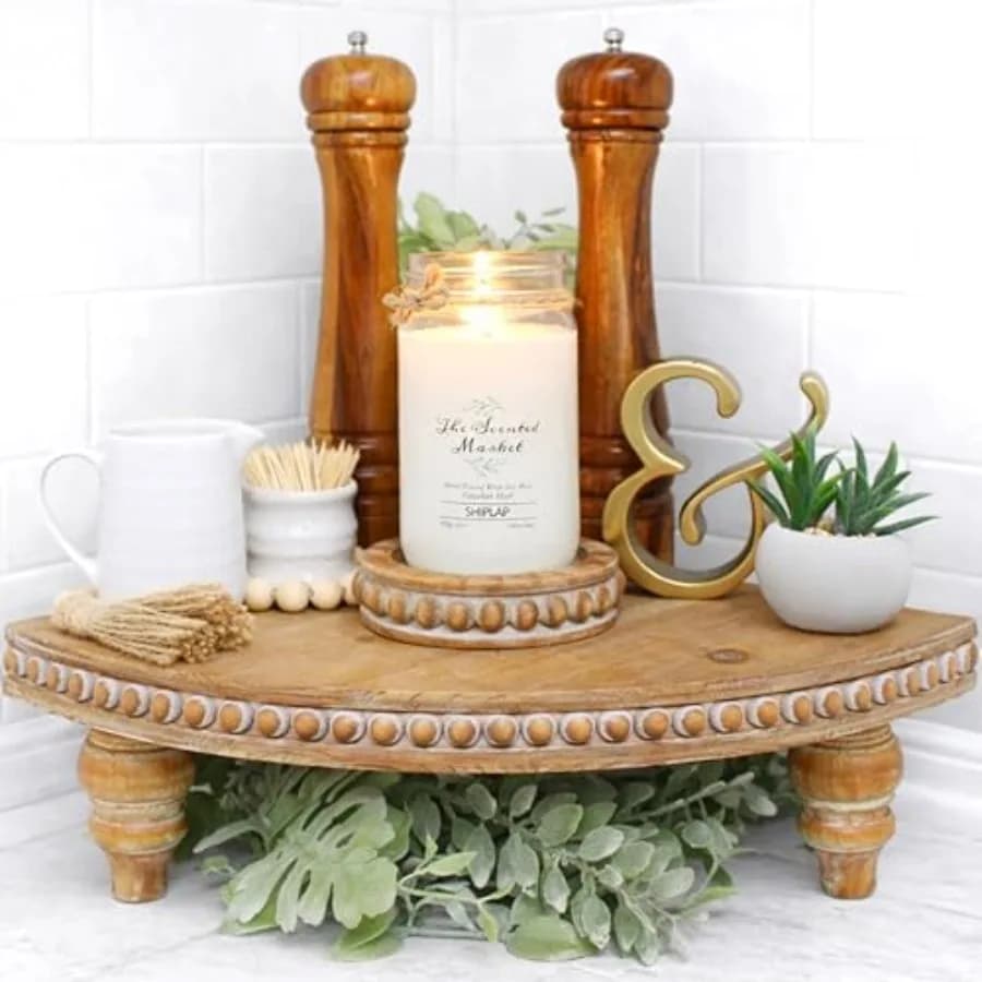 Mensola Angolare Stile Rustico [con Piedini Rimovibili] - Organizzatore da Appoggio per Bagno, Vassoio Decorativo, Alzata per Vassoio, Vassoio in Legno con Perline