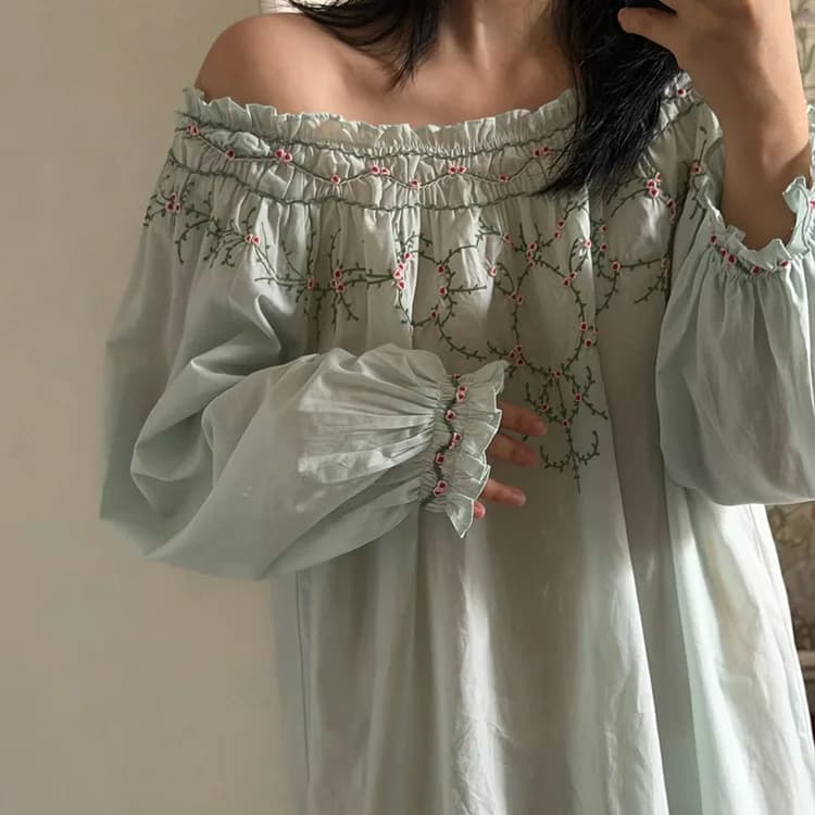 100% Cotton Handmade Embroidered Nightgown Women Long Loose Beautiful Nightdress Fairy Sleeping Dress Vintage Pyjamas Robe