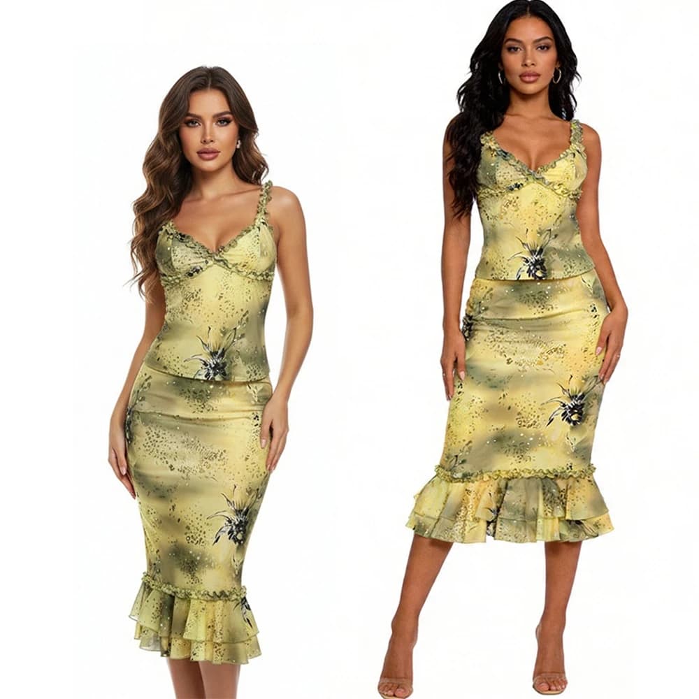 Women's Dress 2 Piece Floral Print Satin Outfit Ruffle Trim Cami Top Midi Skirt Set Y2K Vintage Bodycon Dress for Vacation Party