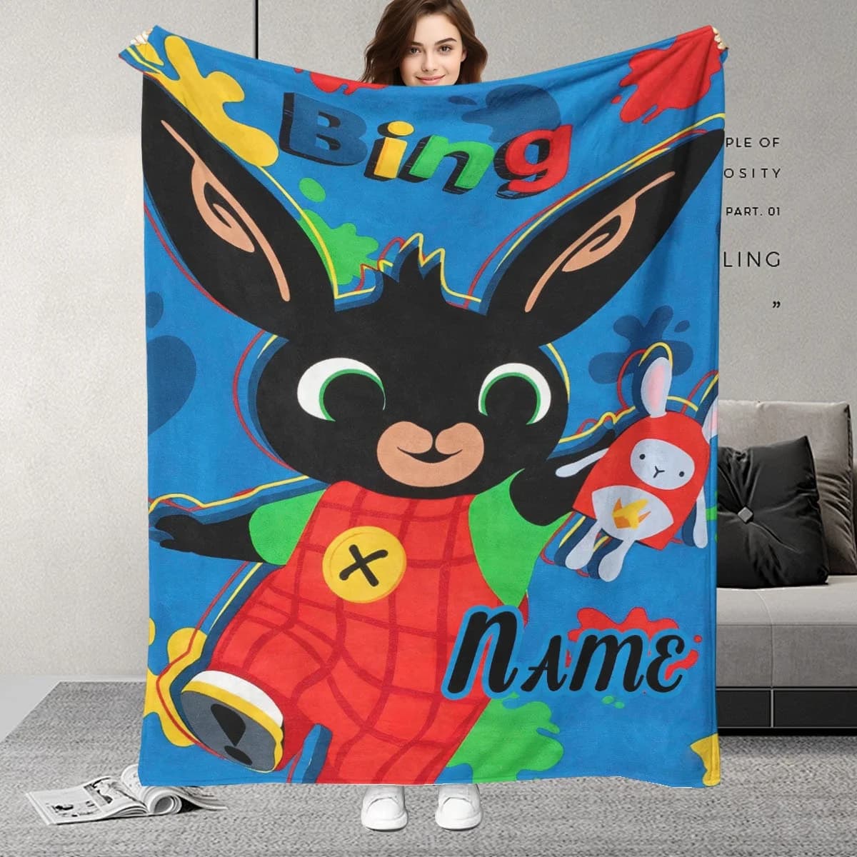 Coperta personalizzata con nome, personalizzabile con le tue parole, regalo di Pasqua, motivo con coniglietto dei cartoni animati, coperta in morbido flanella per tutte le stagioni