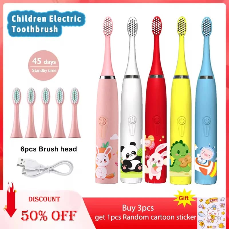IPX7 waterproof sonic electric toothbrush with spare heads Automatic rechargeable colored brush for children cartoons