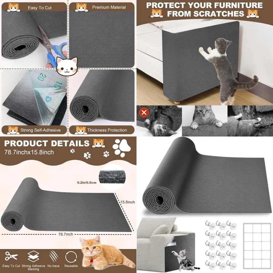 Tappetino antigraffio per gatti autoadesivo trimmer 78,7x15,8 per la protezione dei mobili, ideale per mensole a muro per alberi di gatti e tappeti fai da te Repl