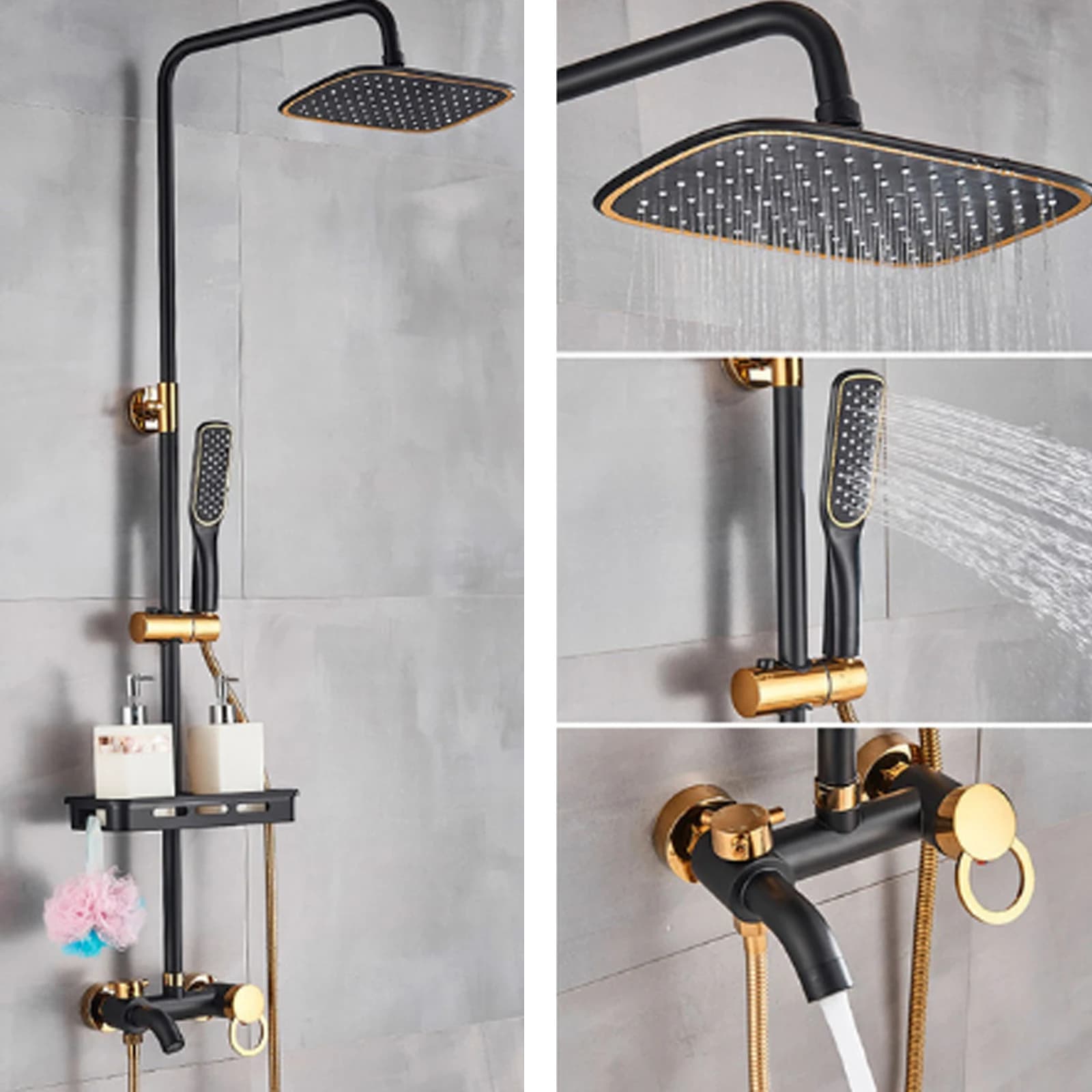Black Gold Brass 20x26cm Shower Set Three Water Height Adjustable Black Gold Two-color Bath Column