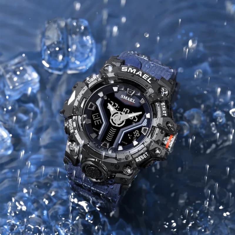 SMAEL 8075 Orologio digitale militare da uomo Torcia a LED Impermeabile 50M Orologio sportivo Doppio fuso orario Resistente agli urti Allarme Cronografo