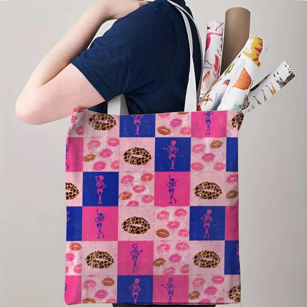 XOXO Pink Skeleton & Lips Storage Bags Storage Bags Canvas Tote Bag Large Capacity Shoulder Fashion Eco Shopping Handbag