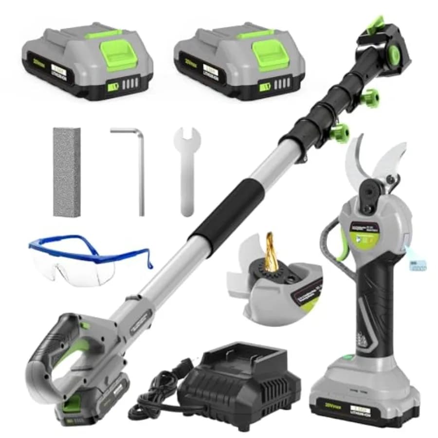 Pole pruning scissors 2 in 1, wireless electric with LCD display, 2.6 m extendable rod for tree pruning, with 2 batteries.