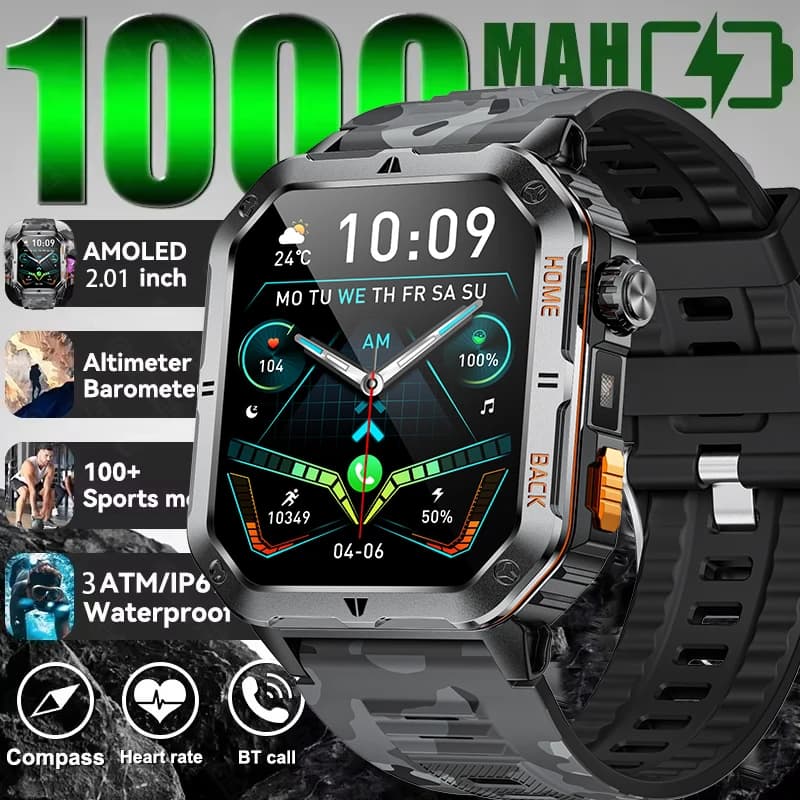 2025 Nuovo 2.01 pollici Robusto Militare 1000mAh GPS Tracker Bussola Torcia A LED Batteria Impermeabile Chiamata Bluetooth Uomini Smartwatch