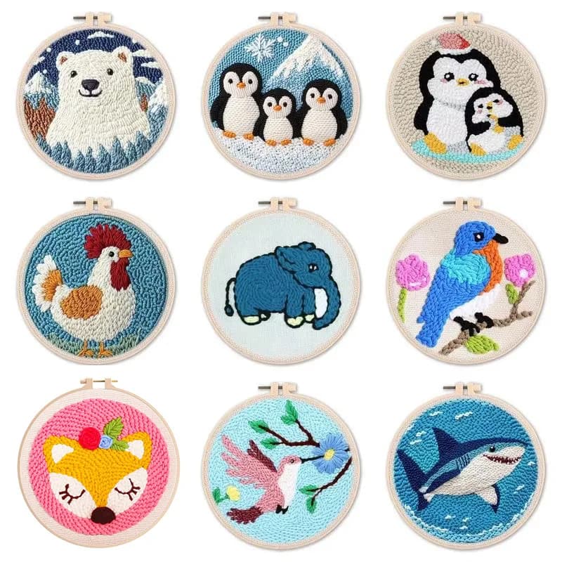 CHENISTORY Animal Punch Needle Embroidery Kit for Beginners Soft Yarn Penguins and Birds Needlework Wall Painting Home Decor