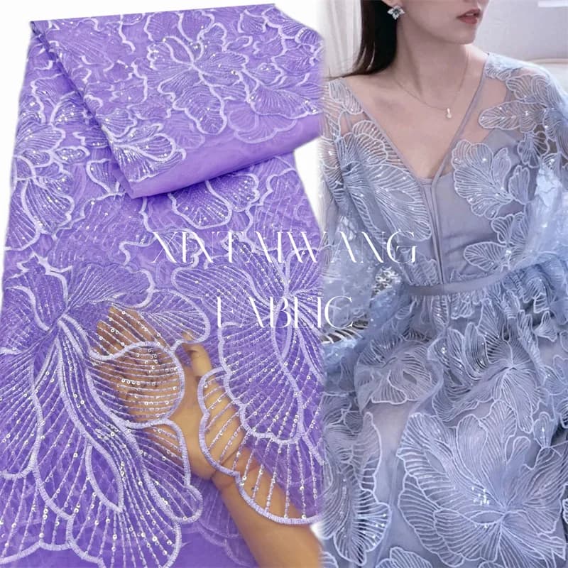 2 Yds/lot 130cm Wide Purple Water-soluble Sequin Fabric – Embroidered Mesh Material for Wedding Dresses and Evening Gowns F005