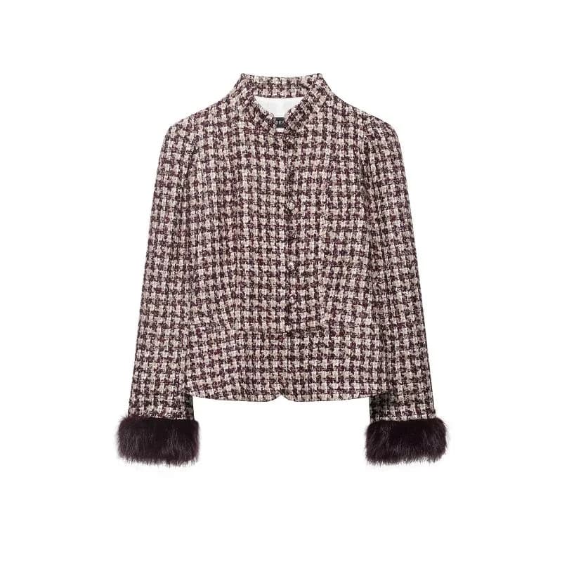 Giacca in Tweed a Quadri con Polsini in Pelliccia Sintetica 2026 da Donna, Cappotto Casual Slim Fit Primaverile, Capospalla alla Moda per Ufficio e Uso Quotidiano
