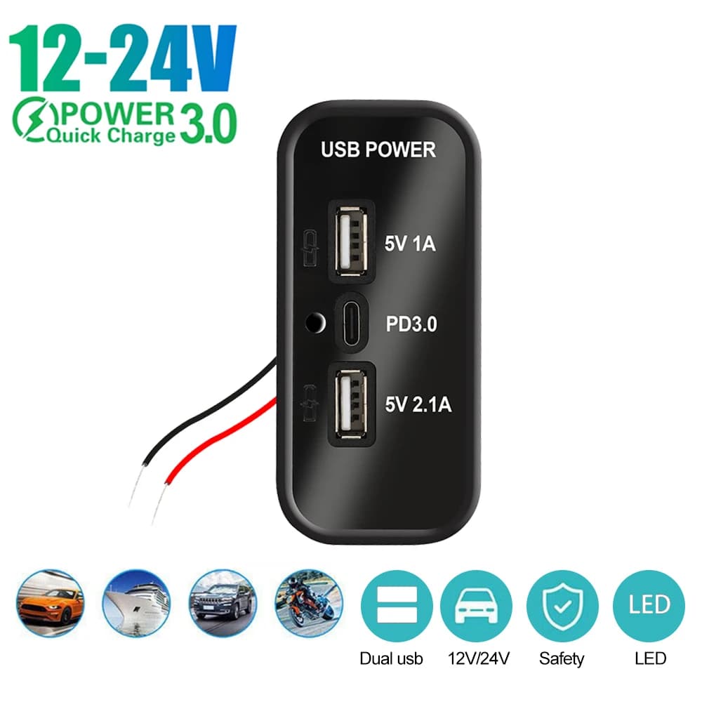 Doppia presa USB + PD3.0 per caricabatteria da auto Pannello USB per camper Caricatore mobile Ricarica rapida 12V/24V per camper Bus Touring auto Barche ATV