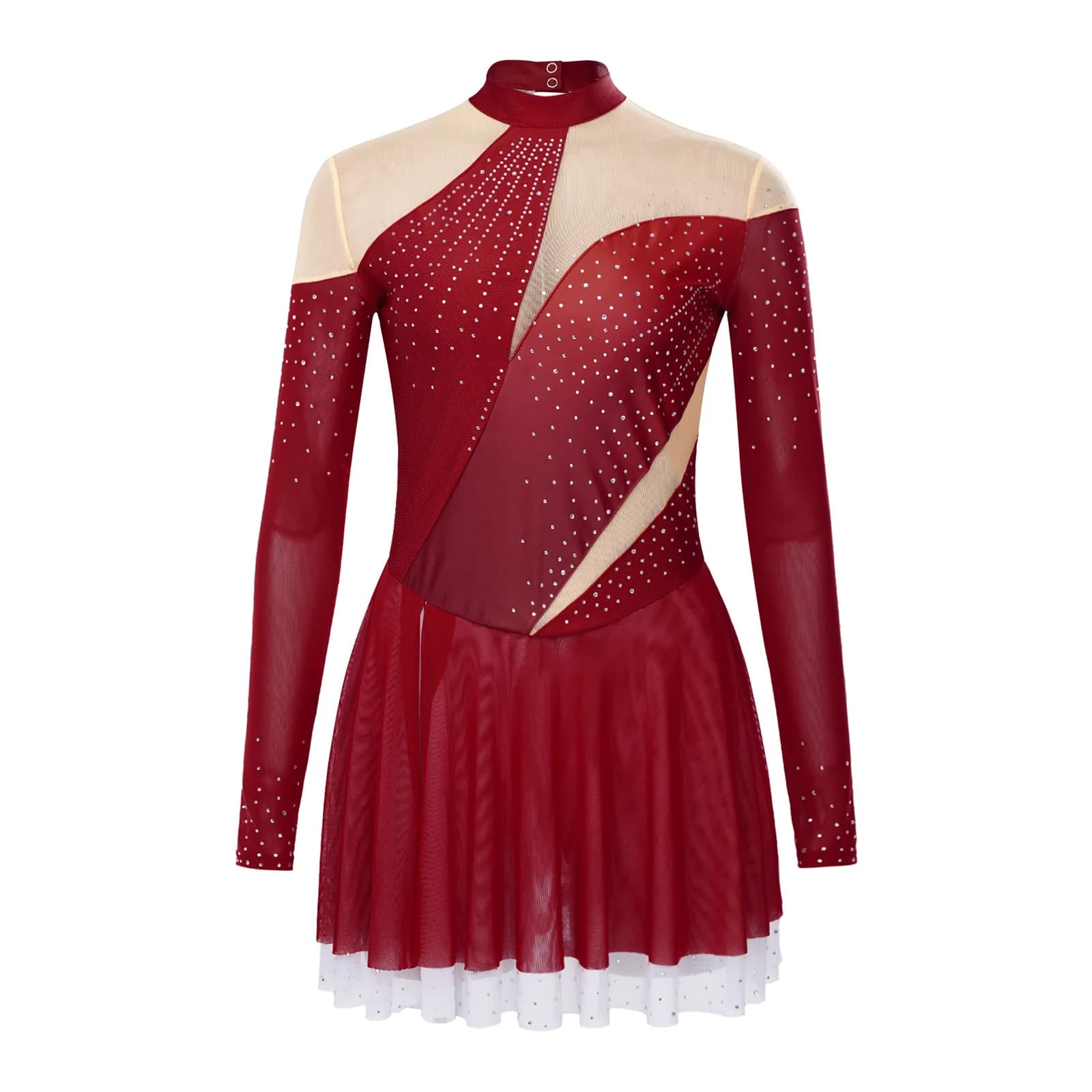 Adulti Donna Ginnastica Pattinaggio di figura artistico Balletto Costumi di danza lirica Strass lucidi Manica lunga Abito da ballo increspato