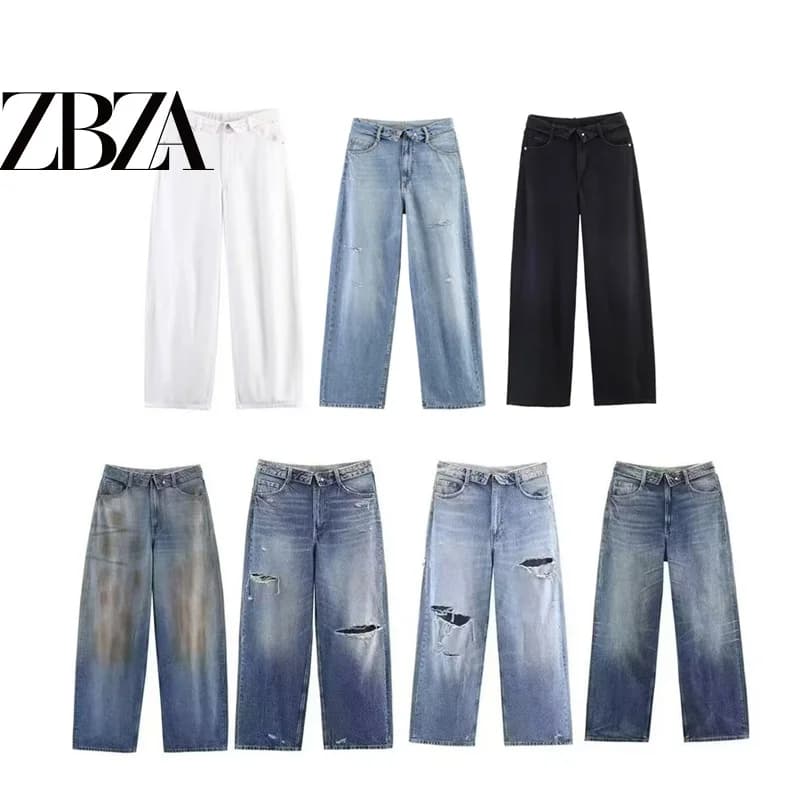 Versatile Commuter Style mid Waist Cuffed Jeans Ladies Standard Fit No Stretch Natural Waist Hole Punch Polyester Fabric