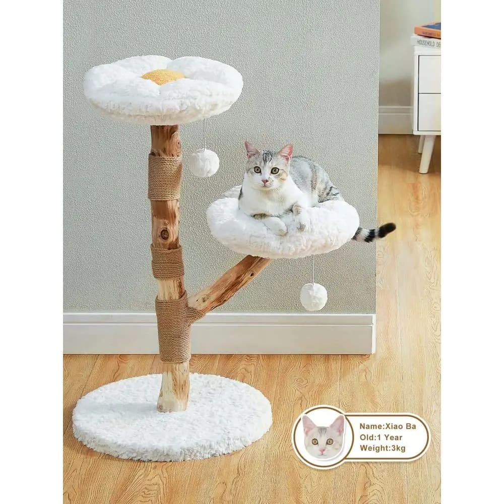 Albero per gatti in legno con rami naturali, torre moderna per gatti, arredamento di lusso in stile boho con torre di gioco e 2 posatoi, C