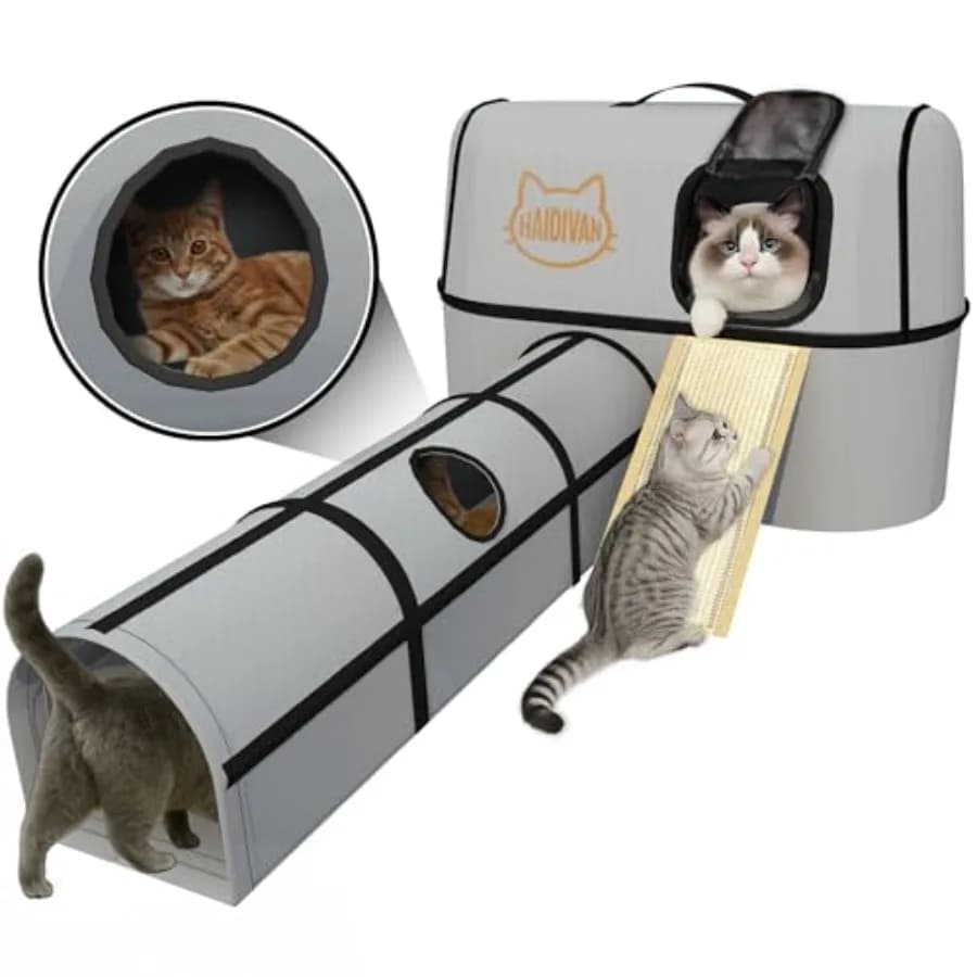 Cuccia e Tunnel 4-in-1 per Gatti, Tiragraffi Rimovibile e Combinabile, Letti per Interni ed Esterni, Giocattoli e Arredamento per Gatti, Grigio