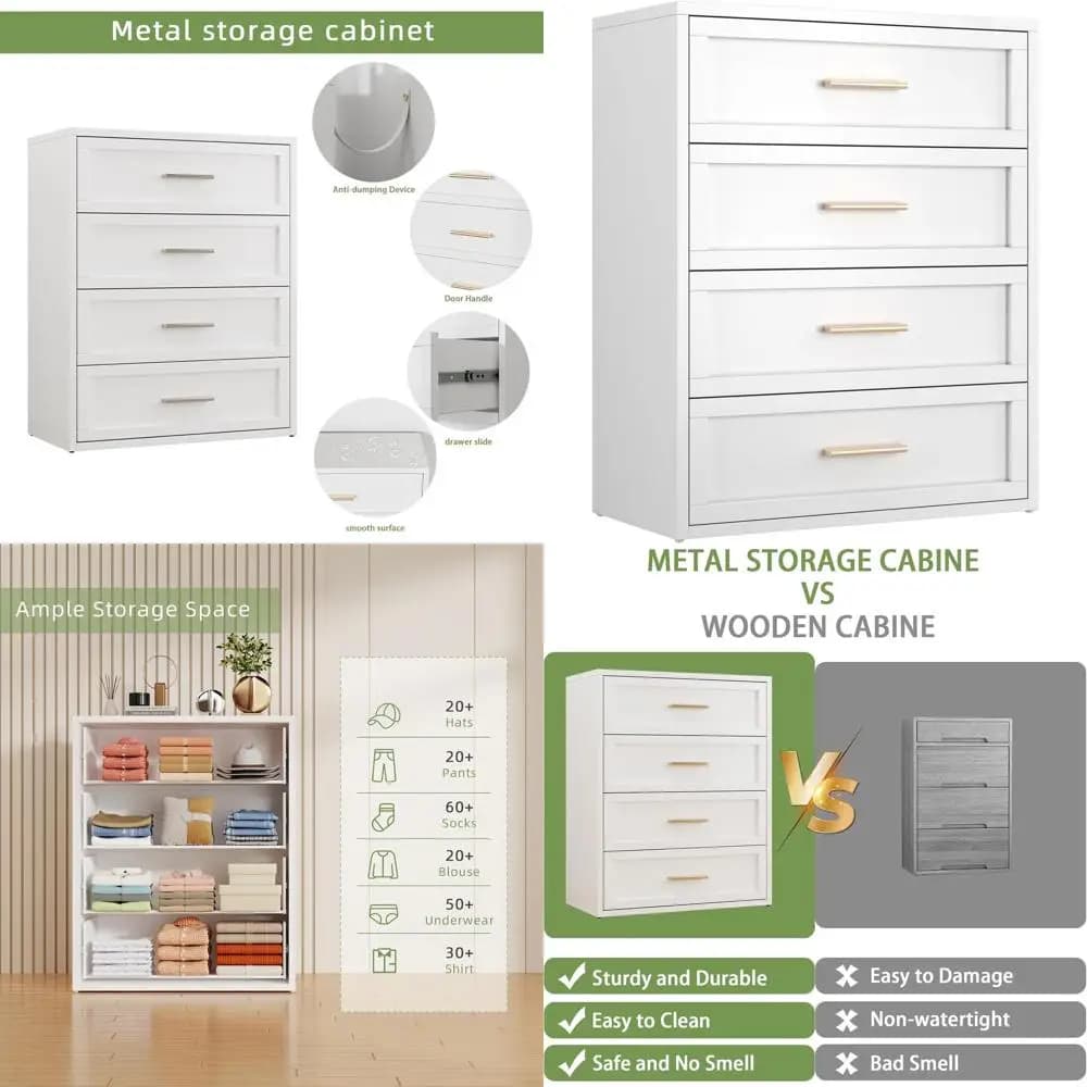 Eleganti Cassettiere in Metallo Bianco per Camera da Letto, Armadi Alti con Ampio Spazio di Archiviazione e Maniglie, Organizzatore in Metallo per Guardaroba o Armadio, I