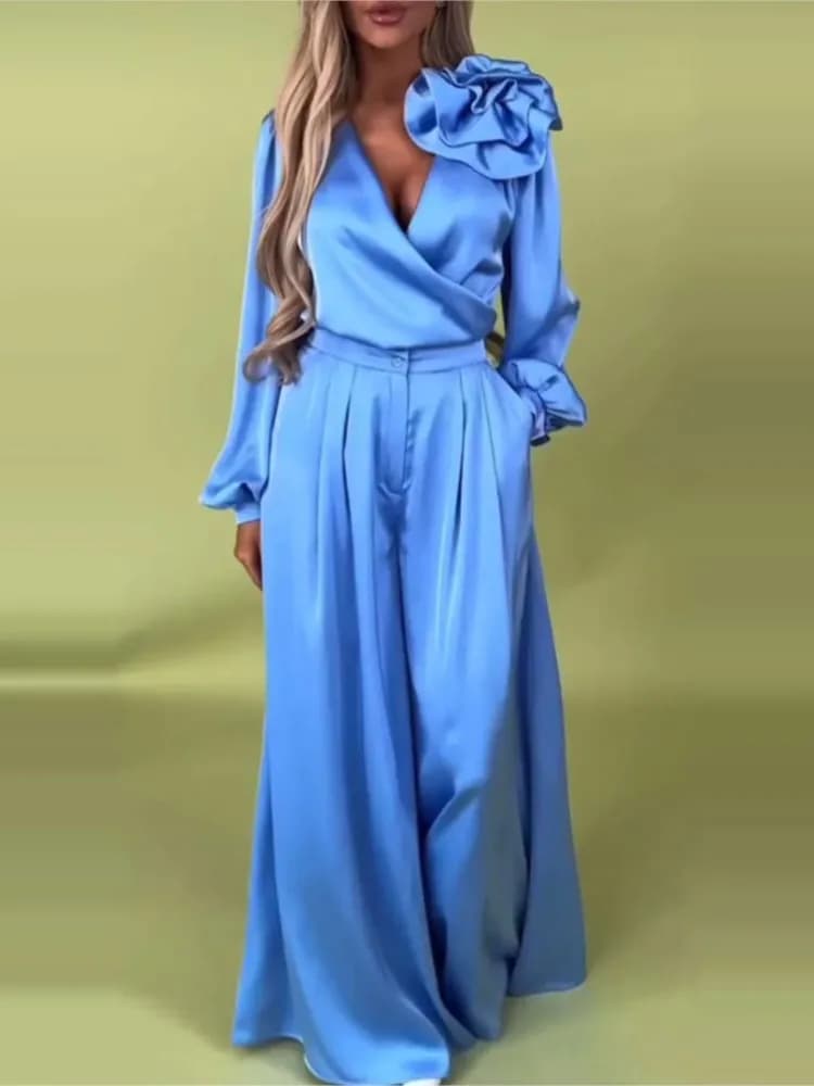 Camicia a maniche lunghe in raso tinta unita moda donna 2 pezzi primavera autunno nuovi pantaloni larghi larghi casual tasca set da ufficio femminile