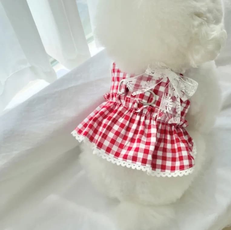 Abiti per Cani con Fiocco in Pizzo Rosso a Quadri, Vestiti con Volant per Cuccioli, Abiti da Compleanno per Cani Piccoli, Vestiti da Cerimonia per Animali Domestici